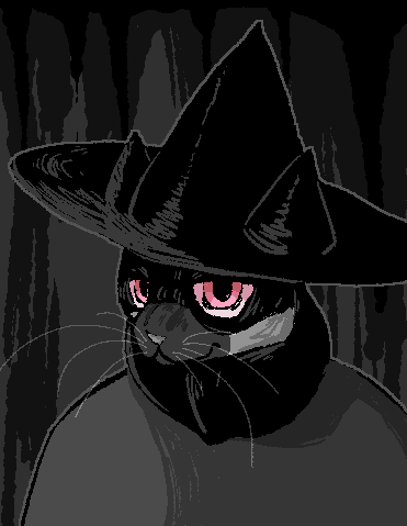 A digital drawing of an anthro hairless cat from the shoulders up wearing a pointed witch hat with a large brim.